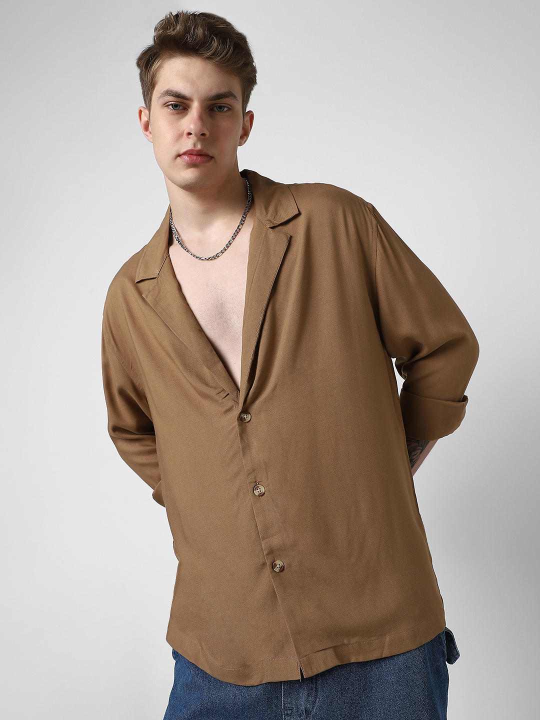 Solid Hazelnut Oversized Notched Lapel Collar Shirt