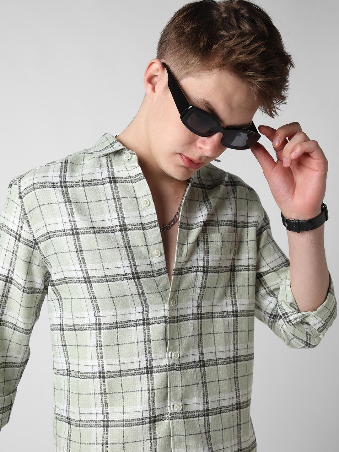 Mint Green & Black Dobby Checkered Shirt