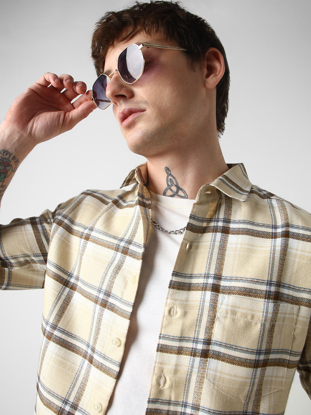 Beige Windowpane Jacquard Checked Shirt