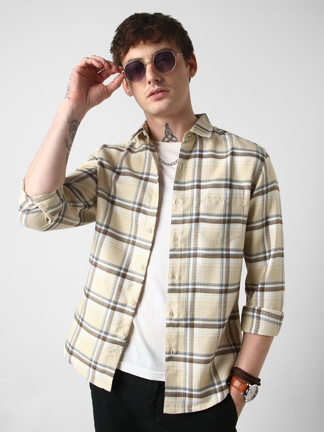 Beige Windowpane Jacquard Checked Shirt