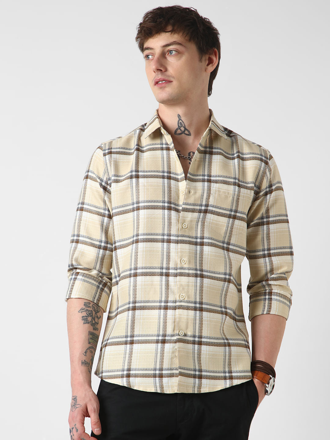 Beige Windowpane Jacquard Checked Shirt