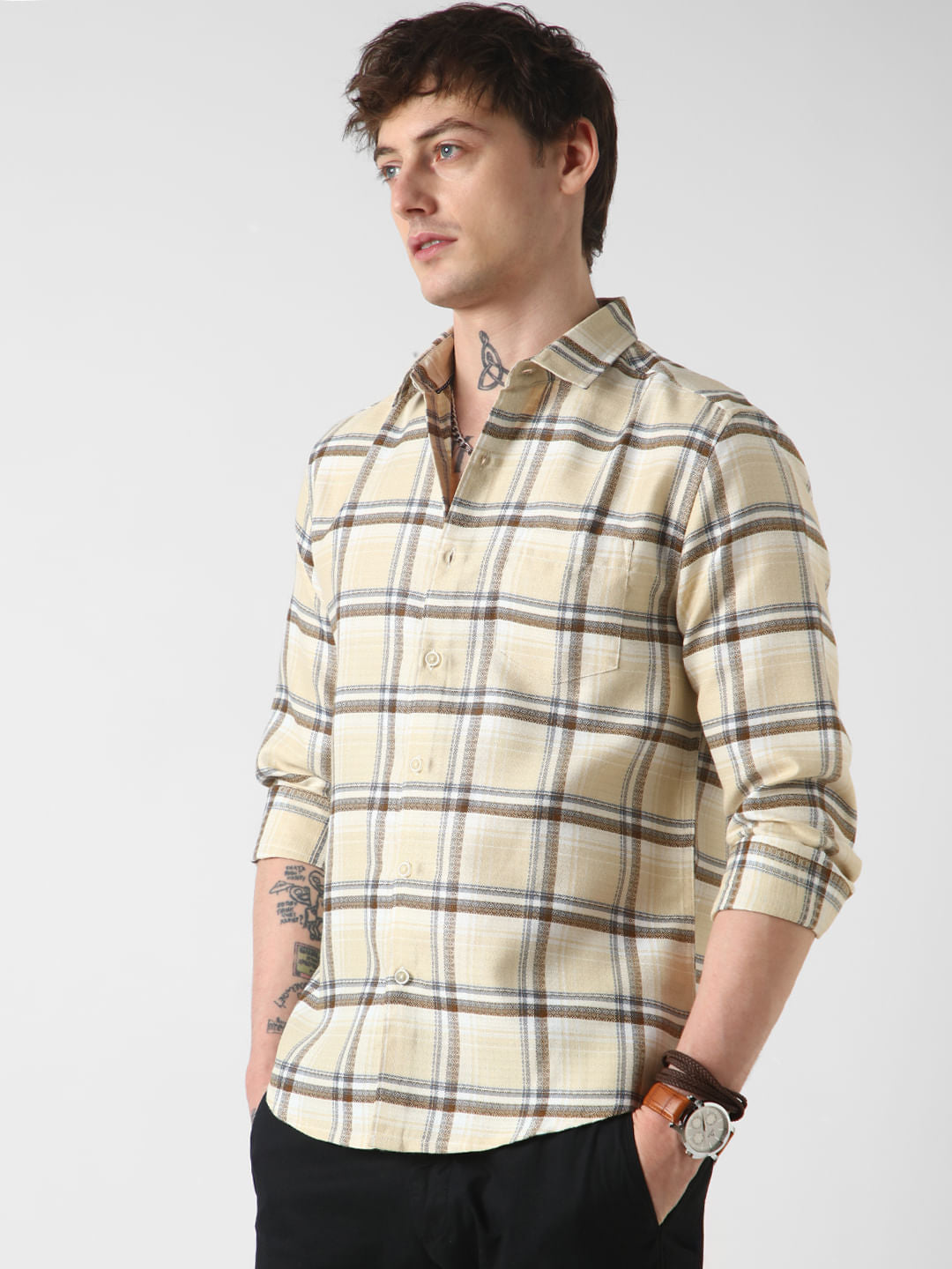 Beige Windowpane Jacquard Checked Shirt