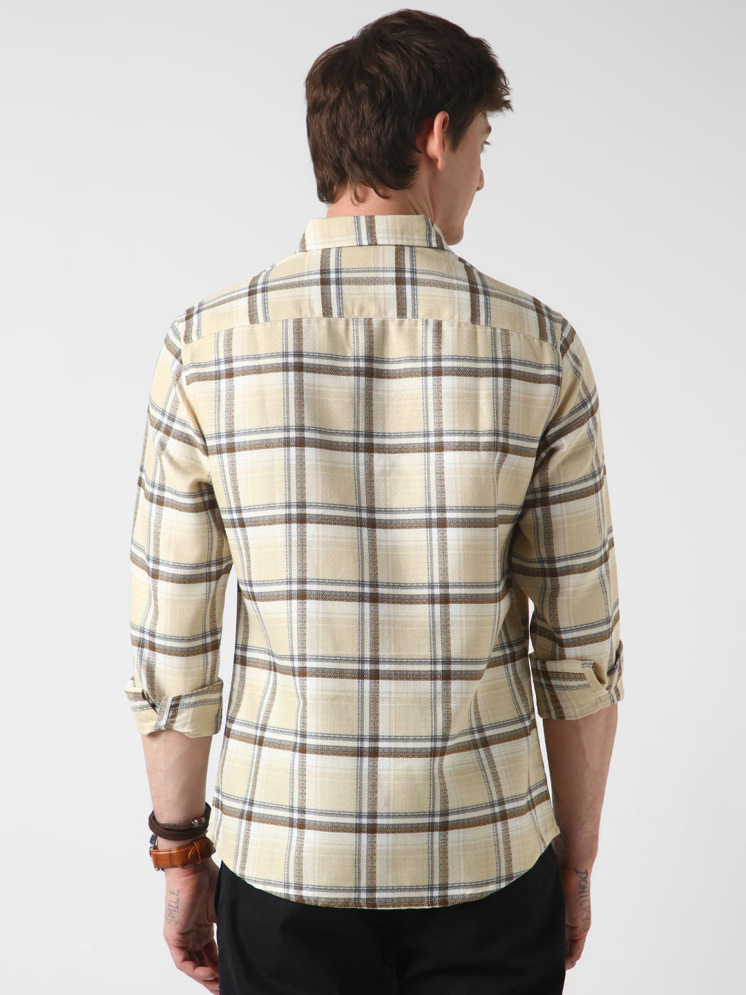 Beige Windowpane Jacquard Checked Shirt