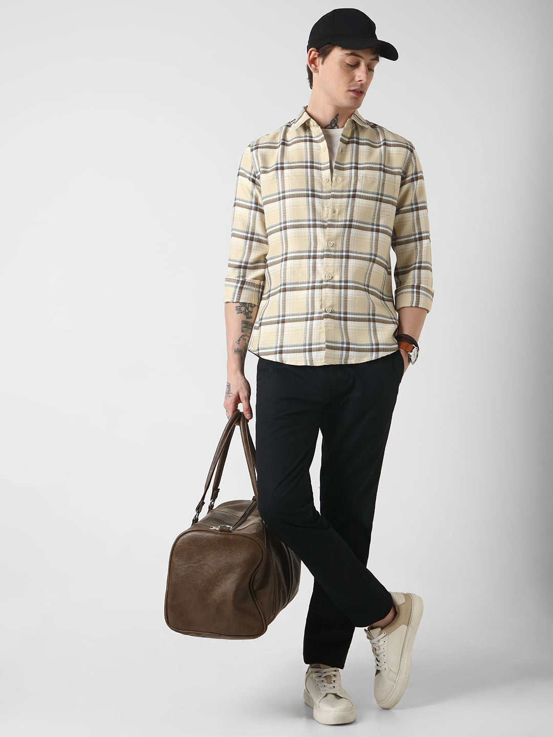 Beige Windowpane Jacquard Checked Shirt
