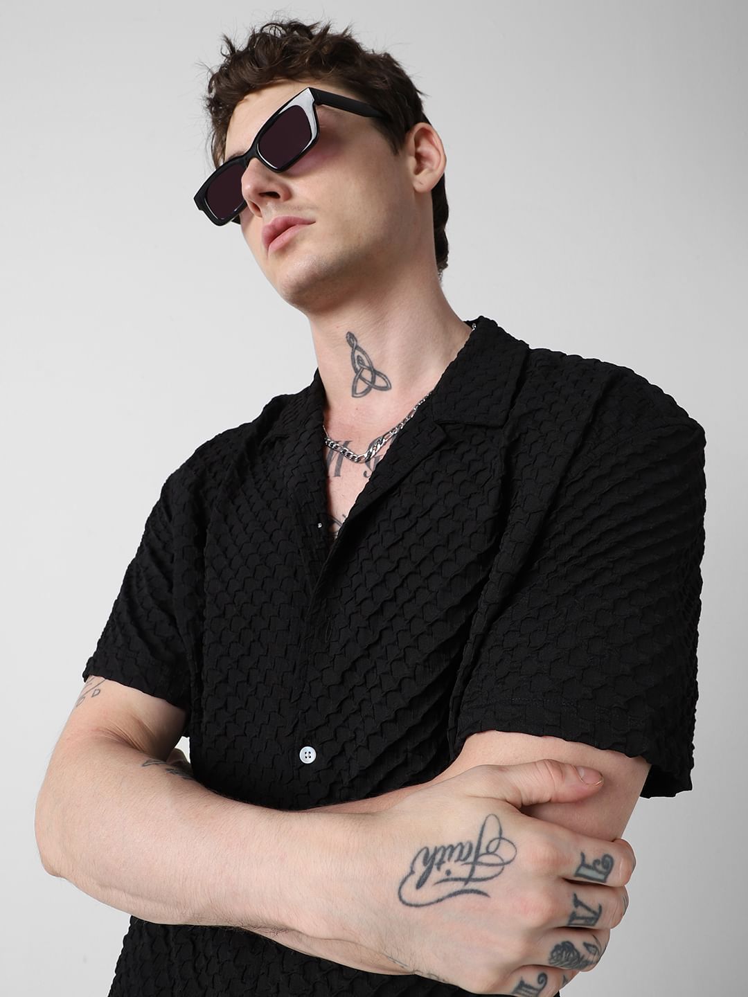 Jet Black Embossed Patterned Oversized Shirt