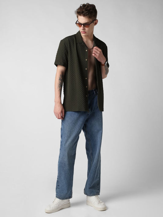 Avocado Green Embossed Patterned Oversized Shirt