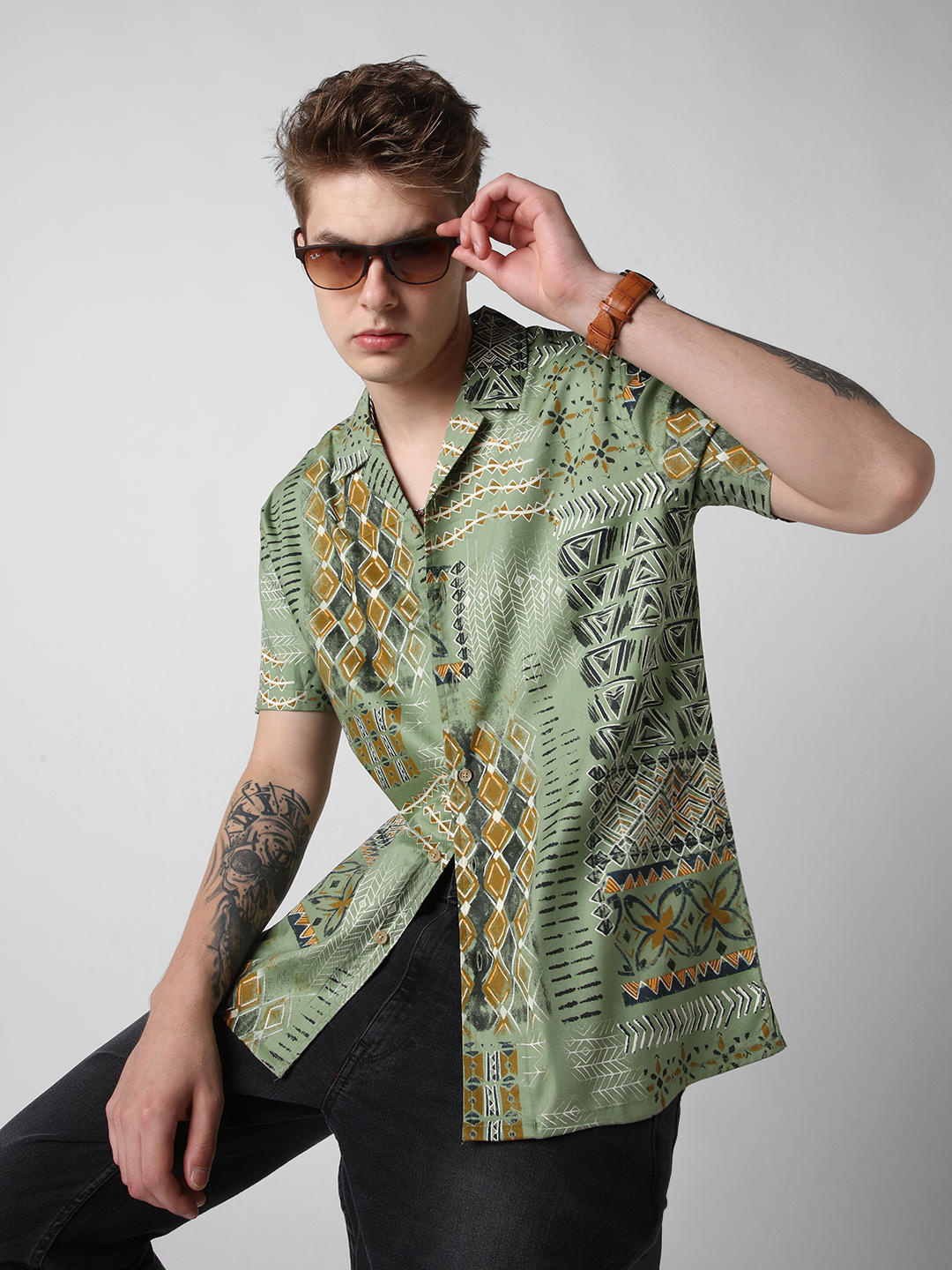 Green Indie Folk Printed Oversized Shirt