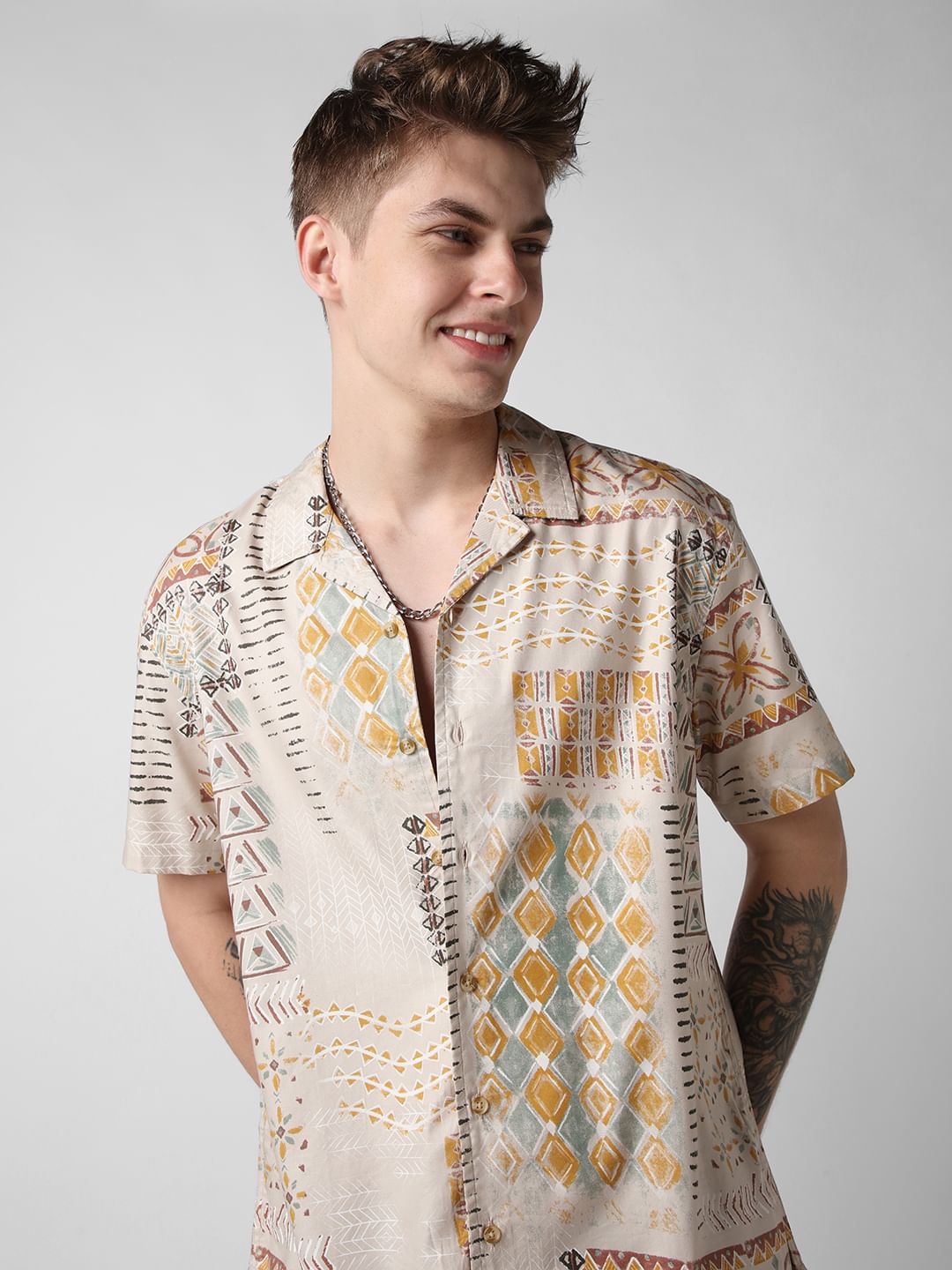 Beige Vintage Indie Folk Printed Oversized Shirt