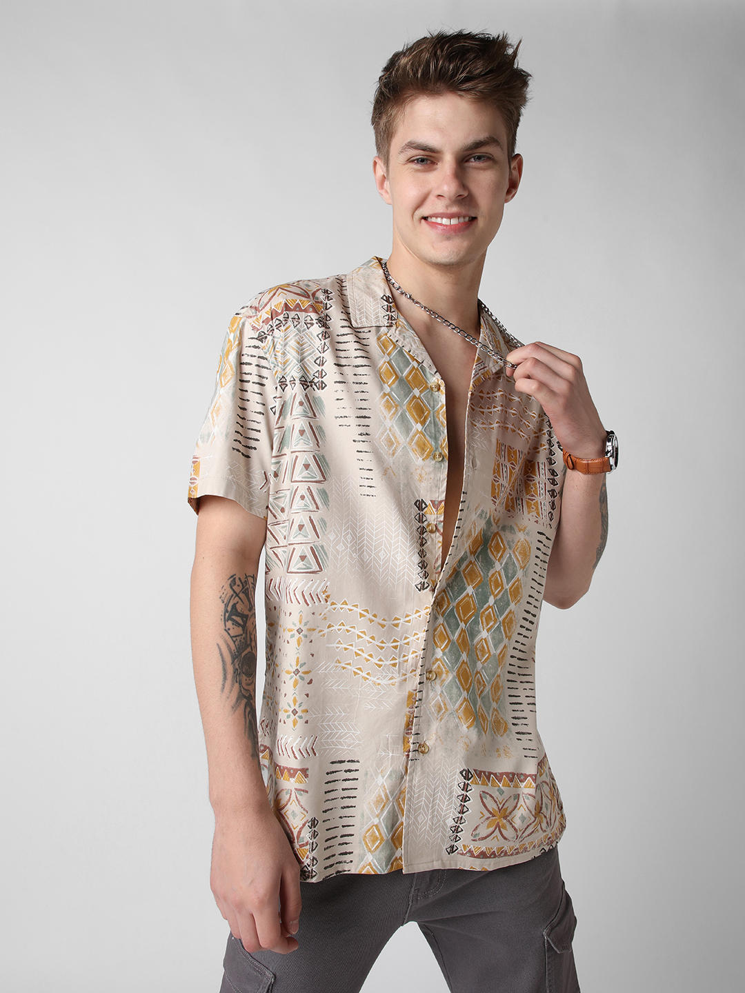 Beige Vintage Indie Folk Printed Oversized Shirt