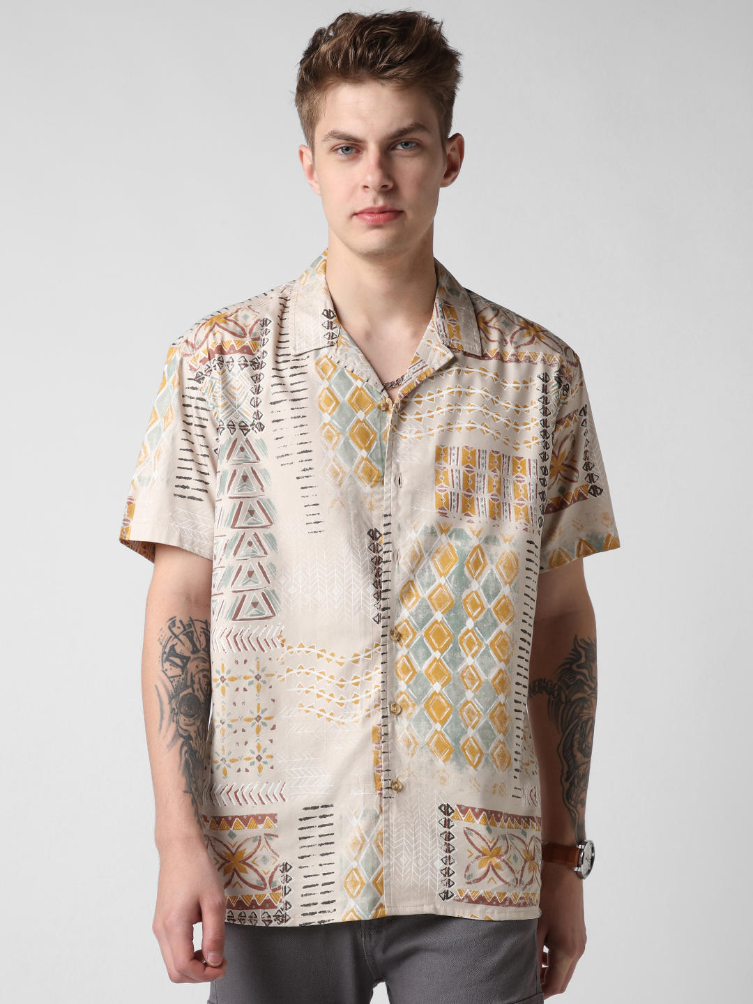Beige Vintage Indie Folk Printed Oversized Shirt