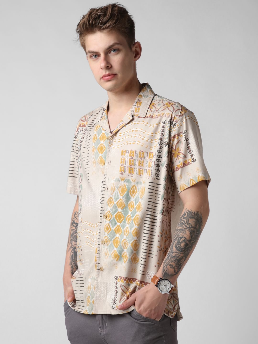 Beige Vintage Indie Folk Printed Oversized Shirt
