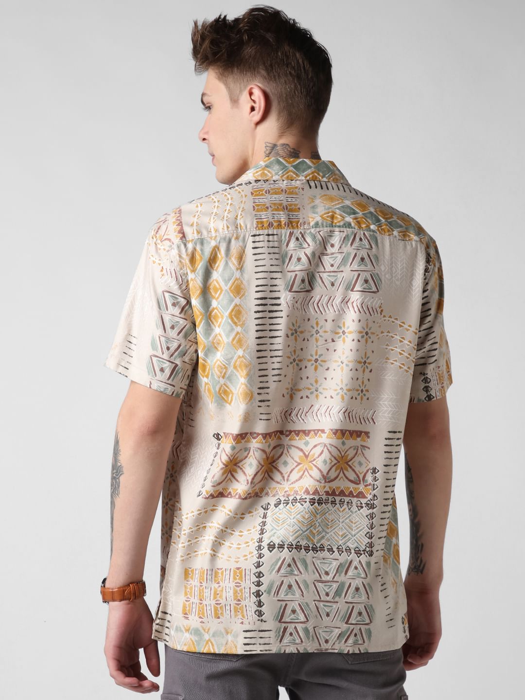 Beige Vintage Indie Folk Printed Oversized Shirt