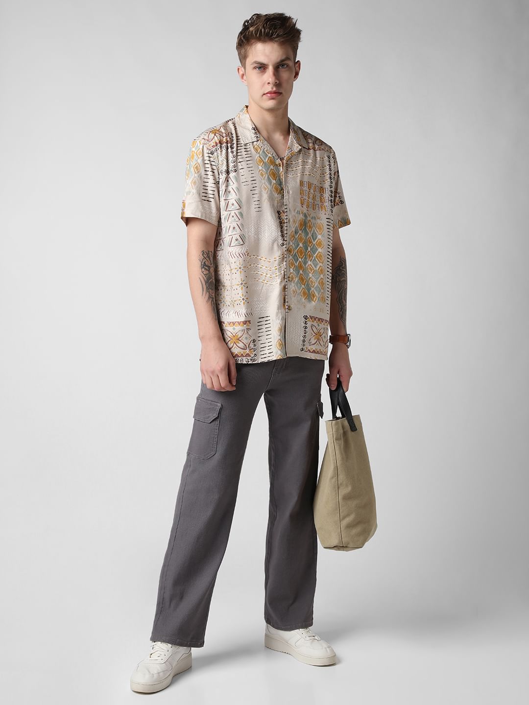 Beige Vintage Indie Folk Printed Oversized Shirt