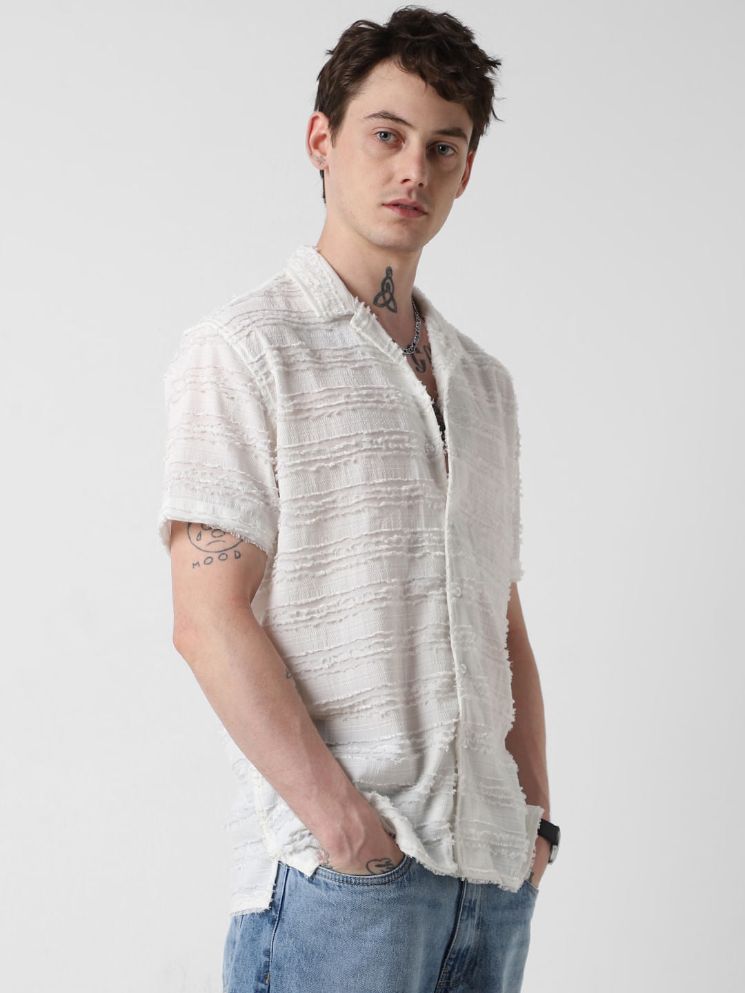 Snow White Textured Frayed Oversized Shirt
