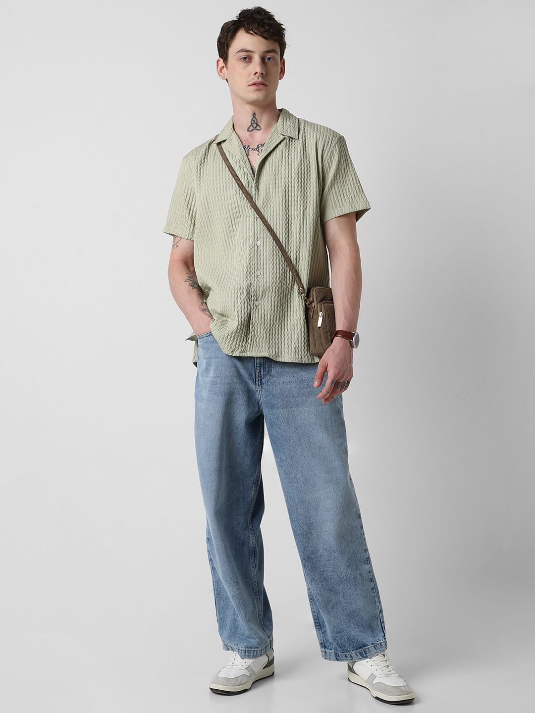 Tea Green Textured Oversized Shirt
