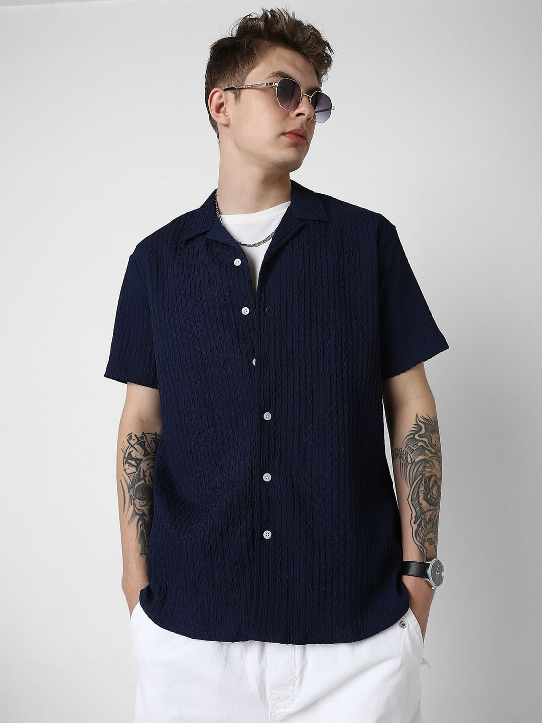 Navy Jacquard Oversized Shirt