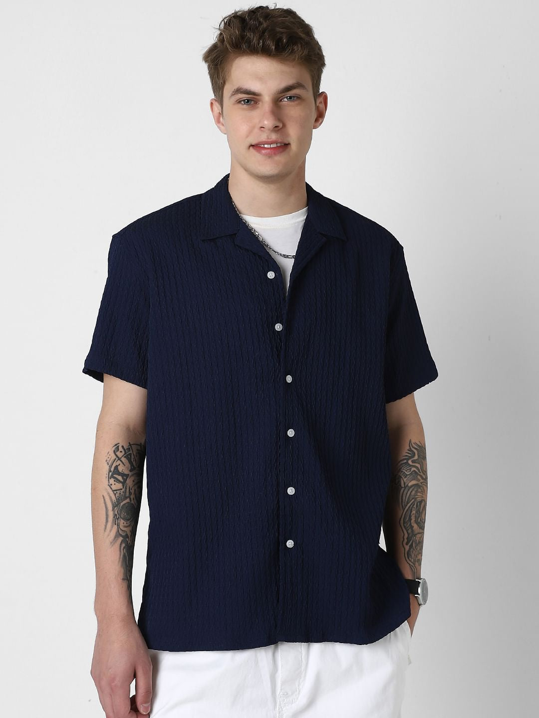 Navy Jacquard Oversized Shirt