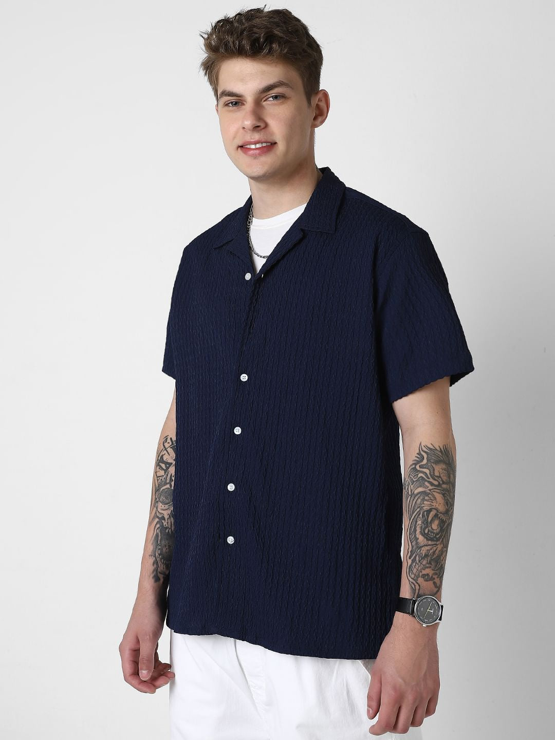 Navy Jacquard Oversized Shirt