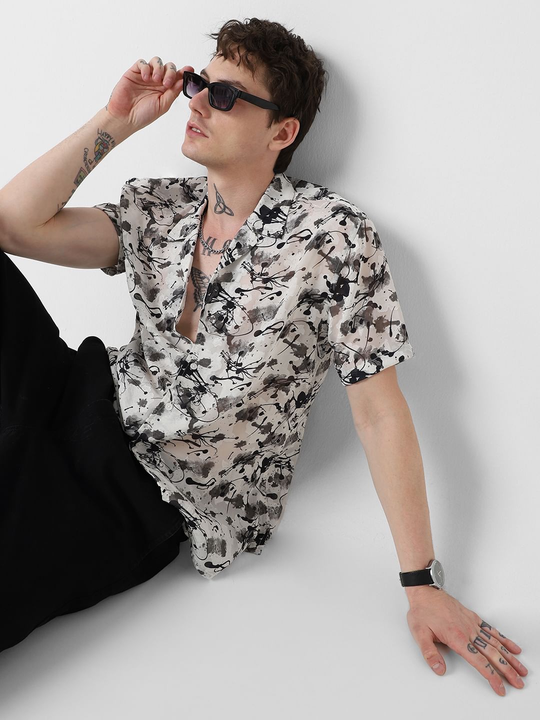 Black Burn Out Splash Oversized Shirt