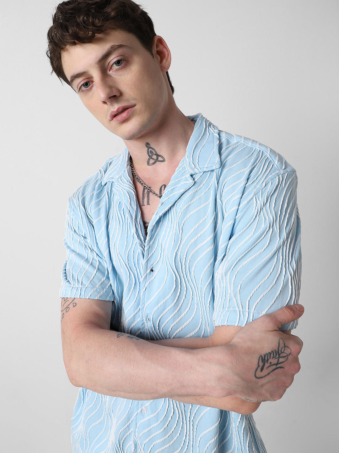 Arctic Blue Wavy Patterned Oversized Shirt
