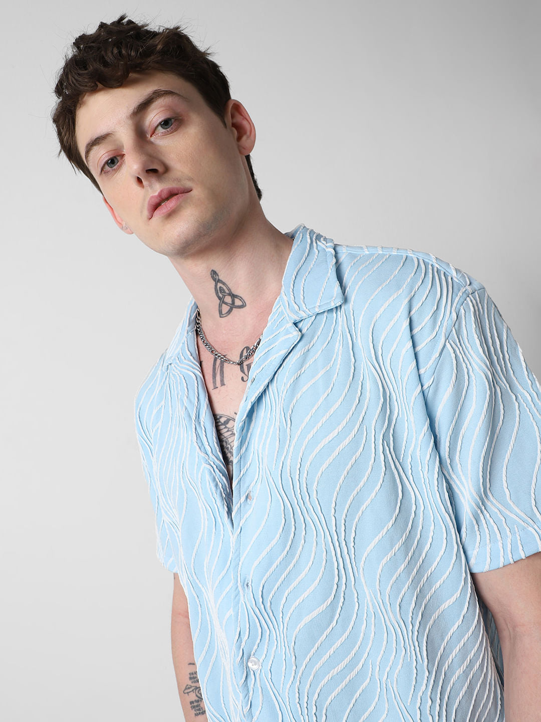 Arctic Blue Wavy Patterned Oversized Shirt