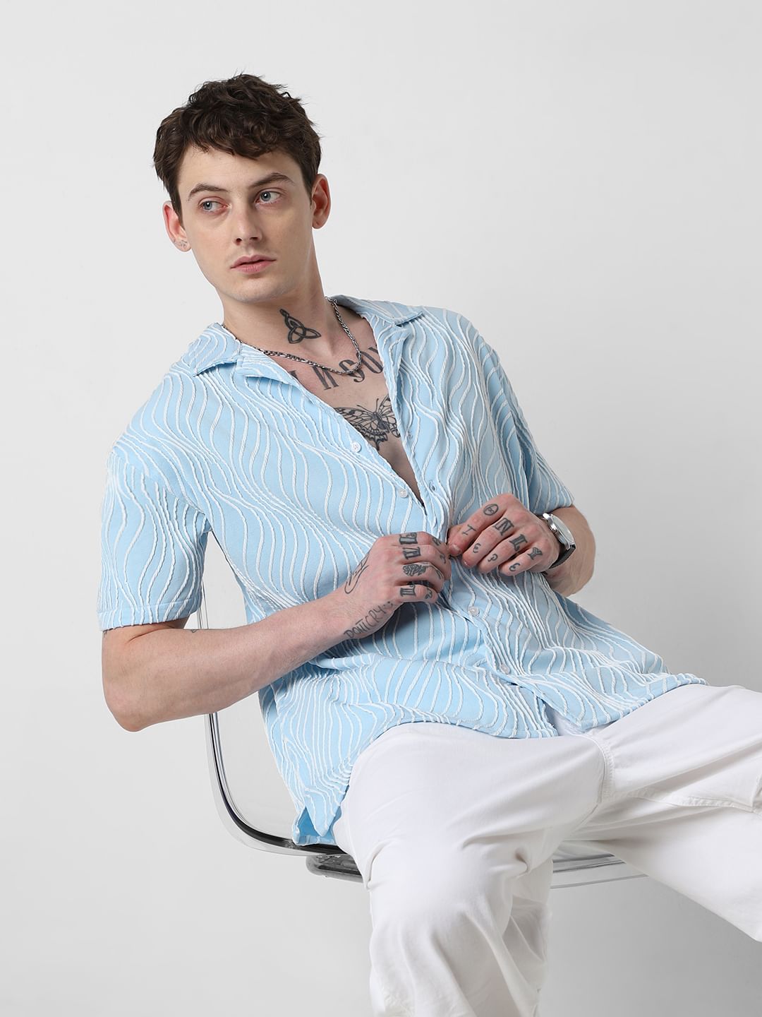 Arctic Blue Wavy Patterned Oversized Shirt