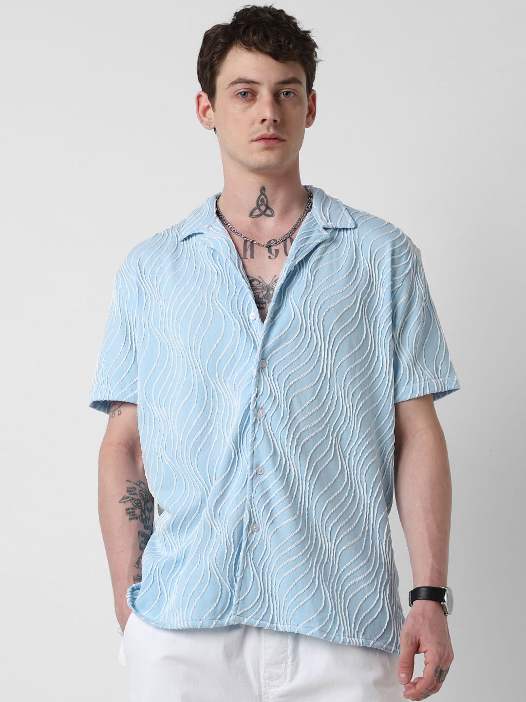 Arctic Blue Wavy Patterned Oversized Shirt