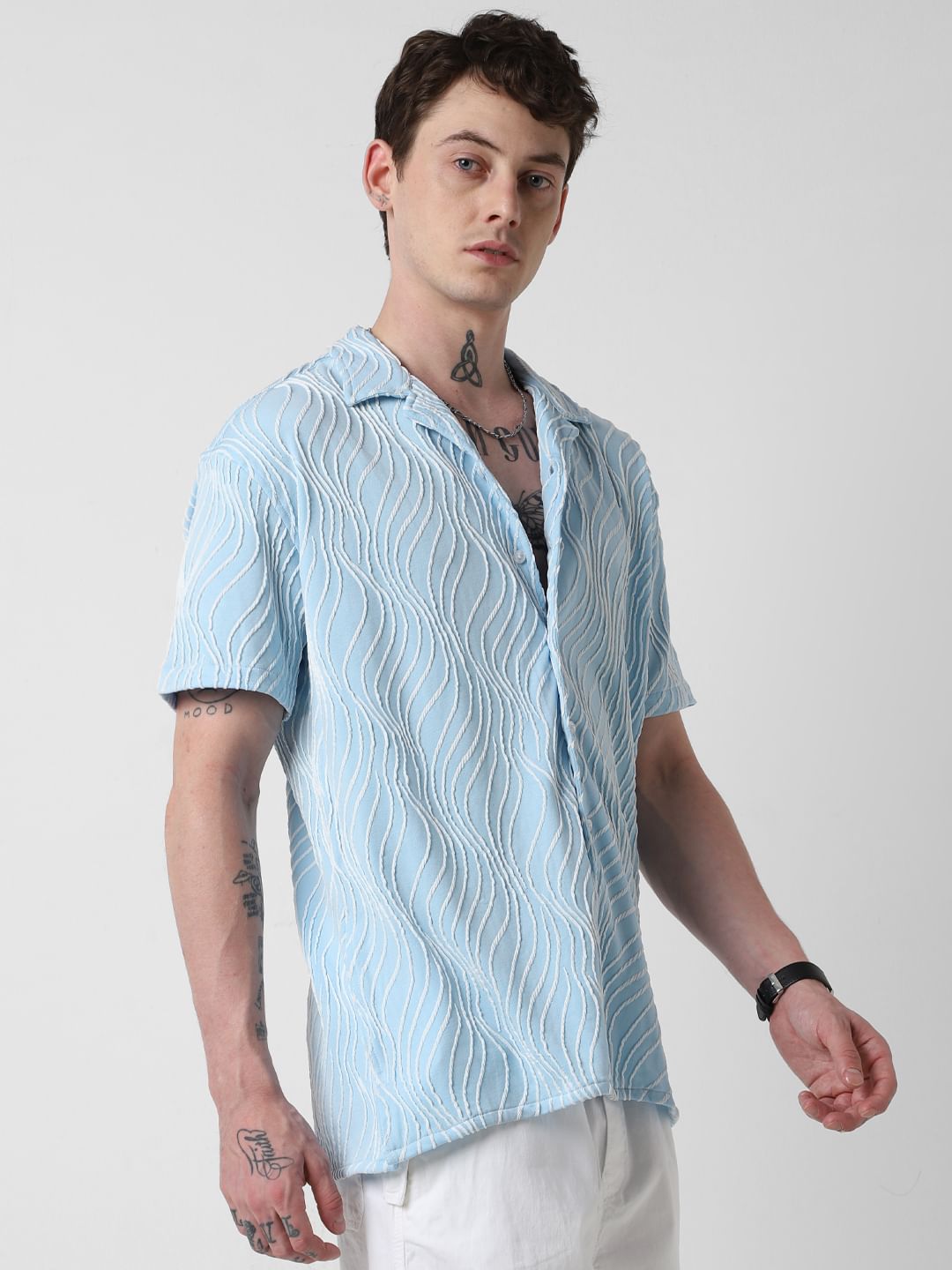 Arctic Blue Wavy Patterned Oversized Shirt