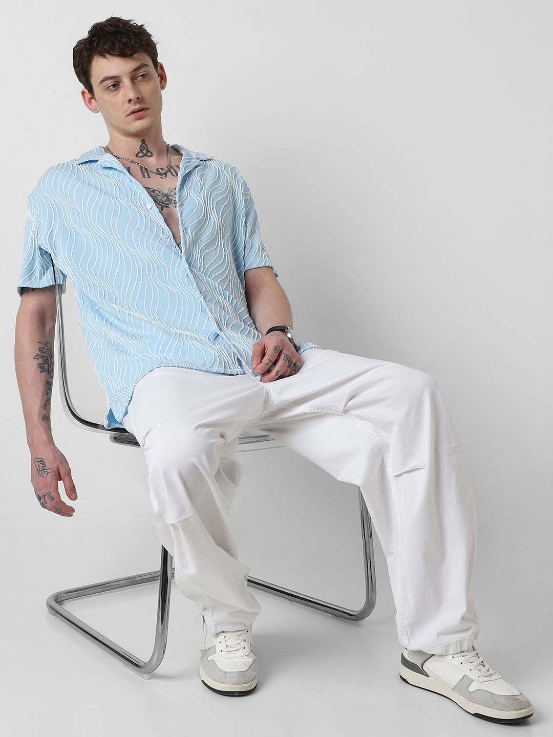 Arctic Blue Wavy Patterned Oversized Shirt