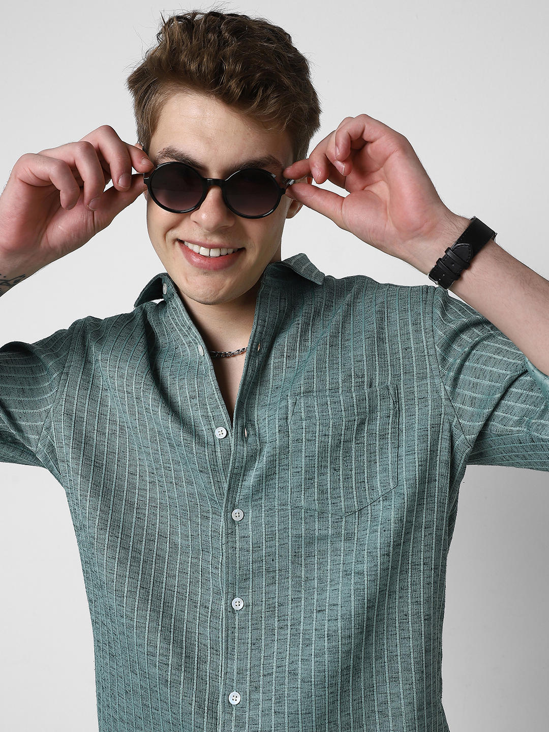 Pine Green Textured Striped Shirt