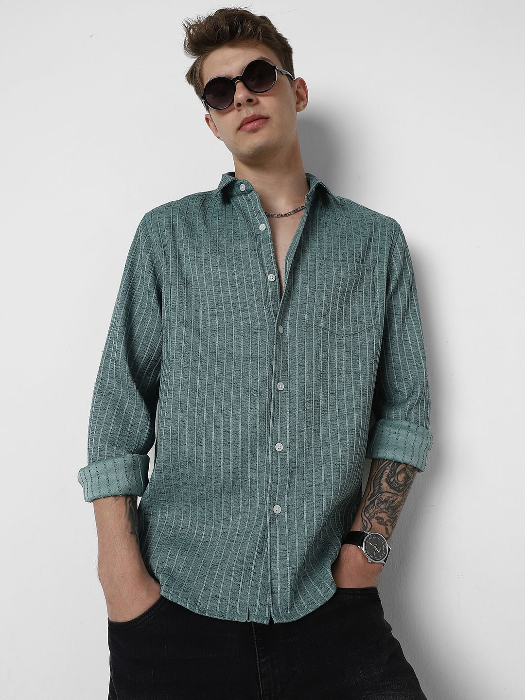 Pine Green Textured Striped Shirt