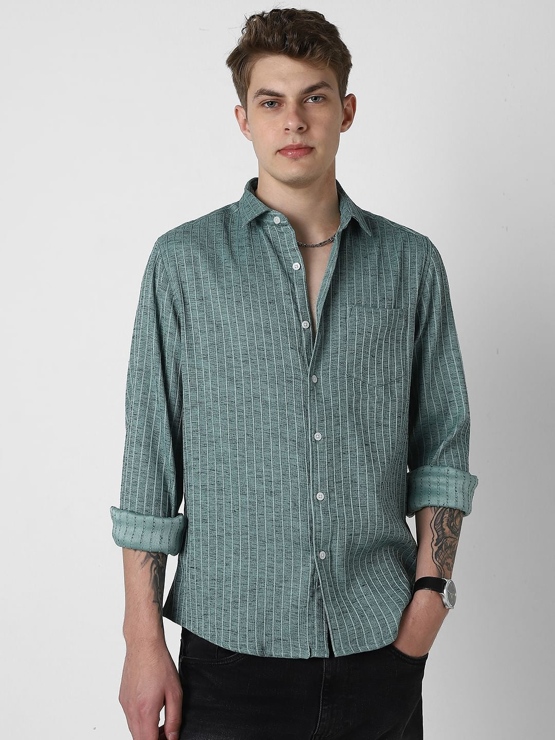 Pine Green Textured Striped Shirt