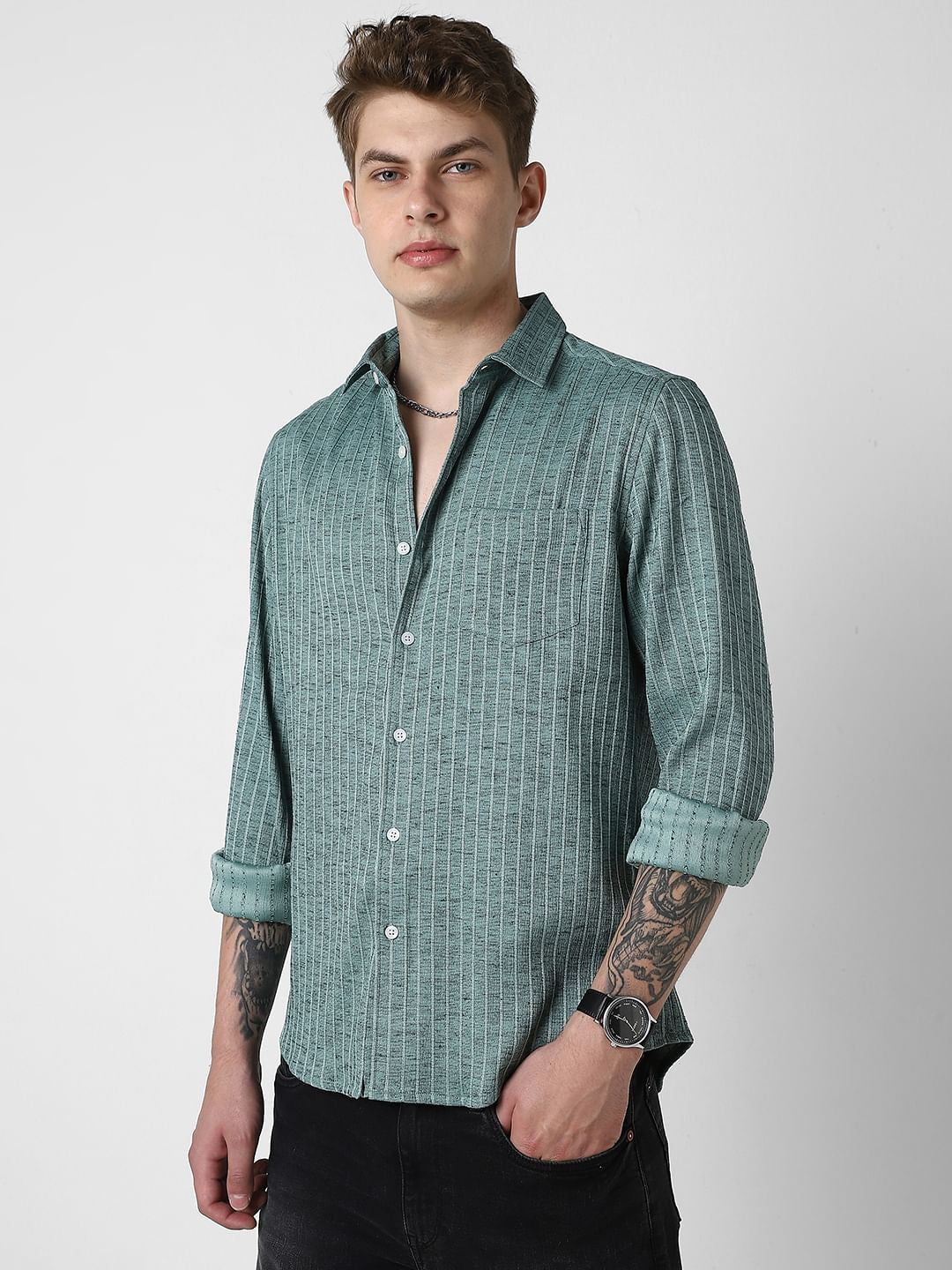 Pine Green Textured Striped Shirt