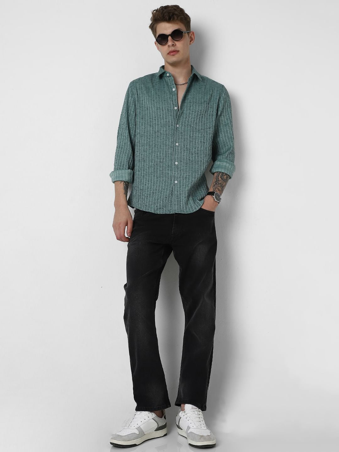 Pine Green Textured Striped Shirt