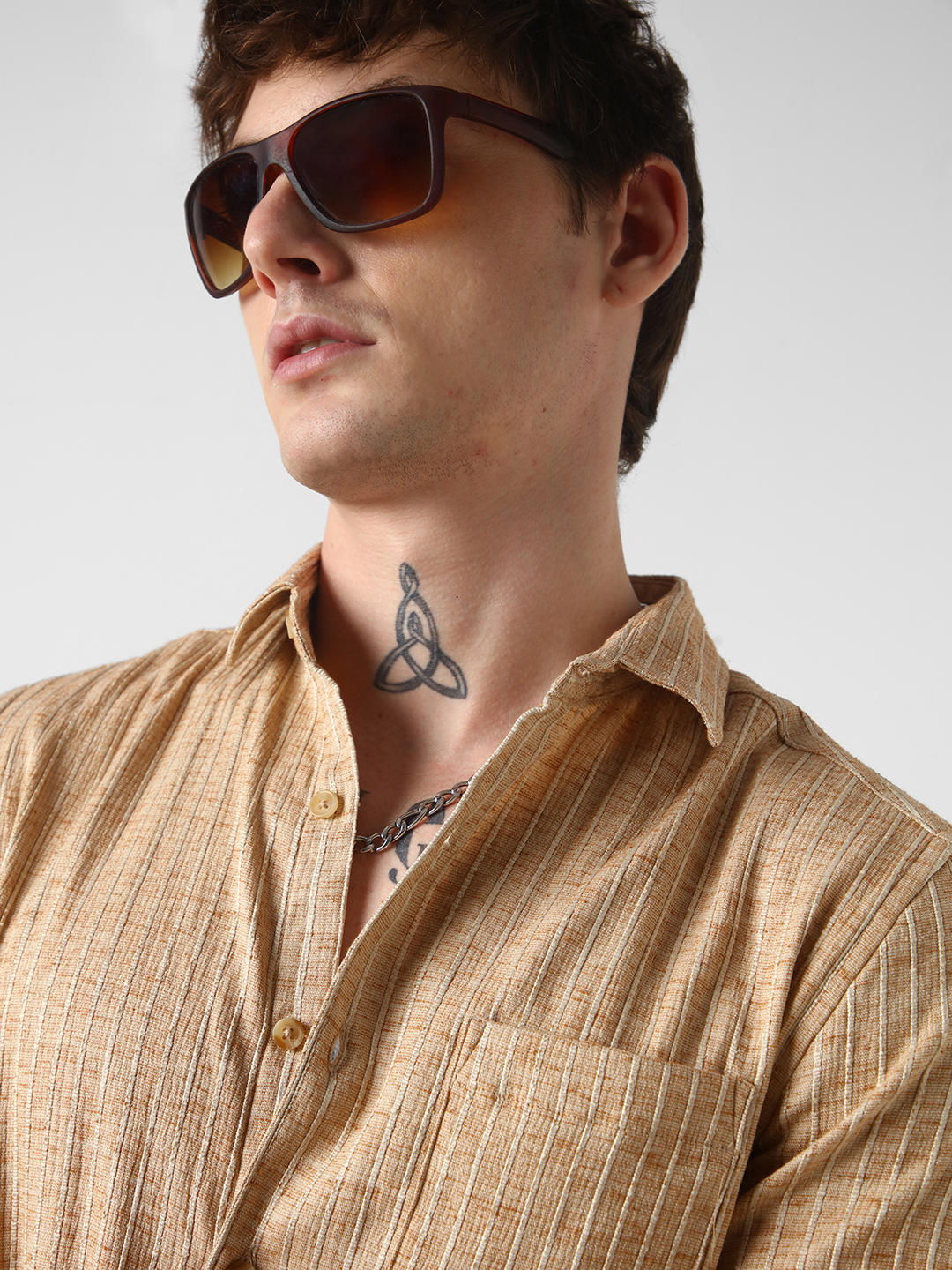 Sand Brown Vertical Striped Textured Shirt
