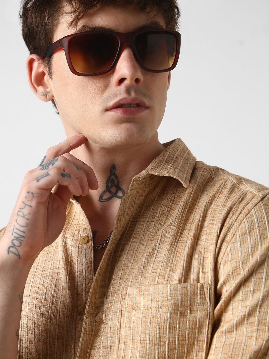 Sand Brown Vertical Striped Textured Shirt