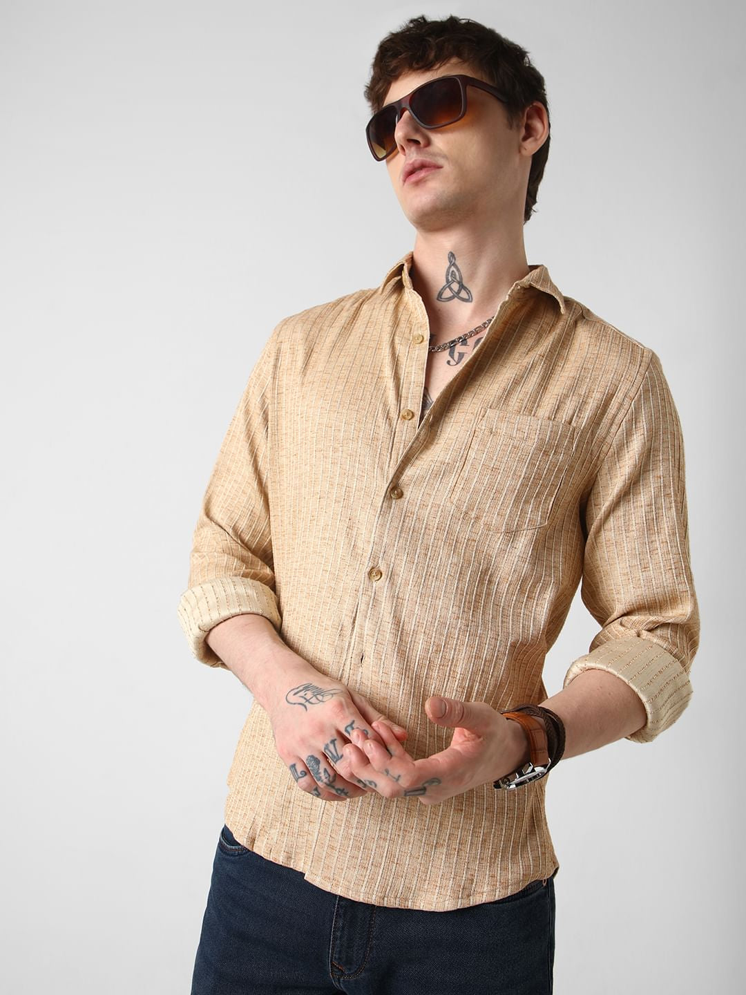 Sand Brown Vertical Striped Textured Shirt