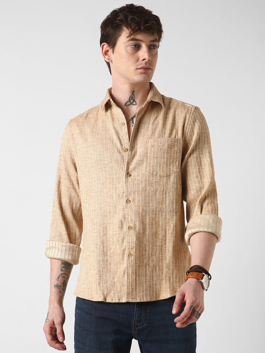 Sand Brown Vertical Striped Textured Shirt