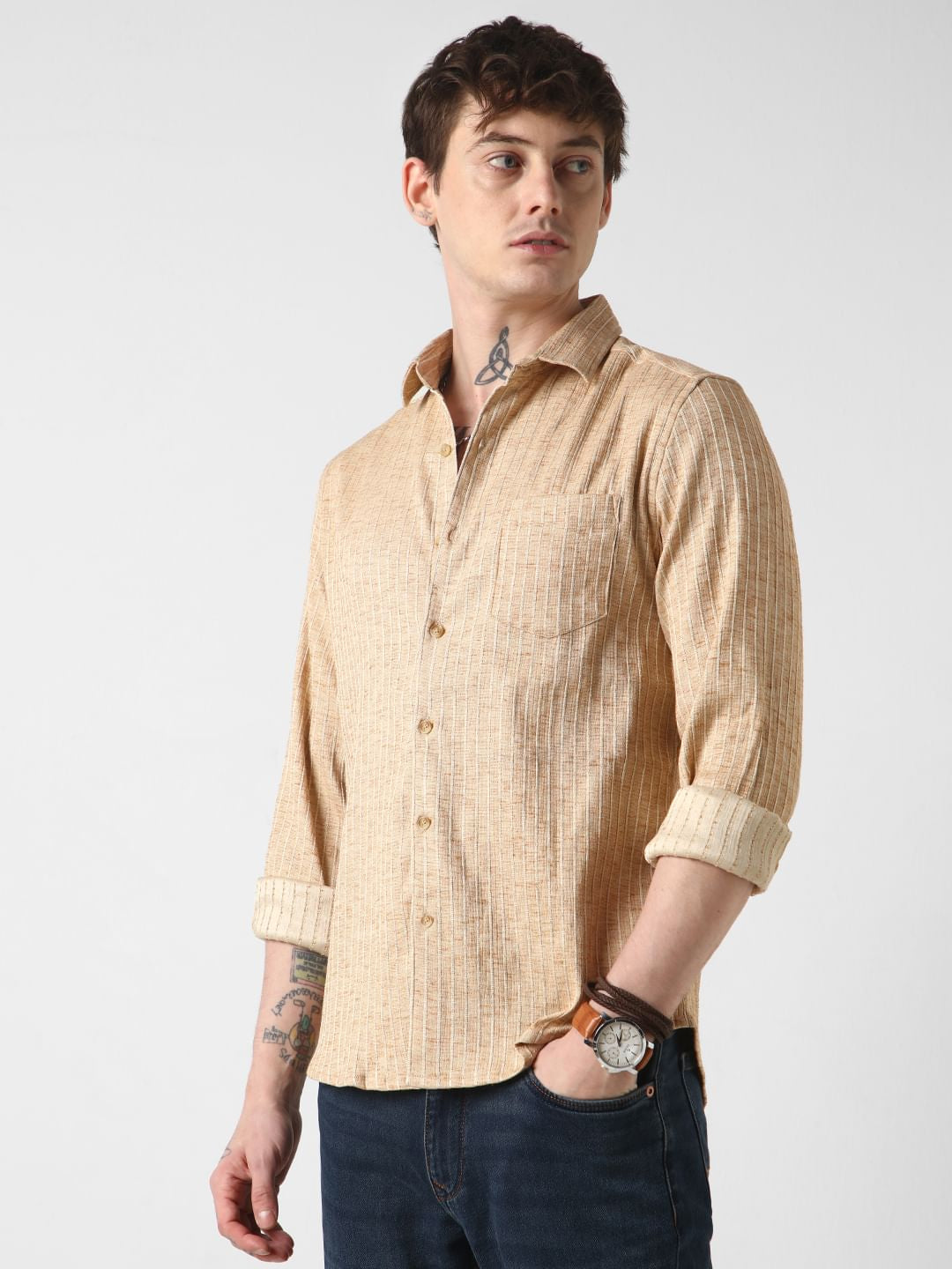 Sand Brown Vertical Striped Textured Shirt