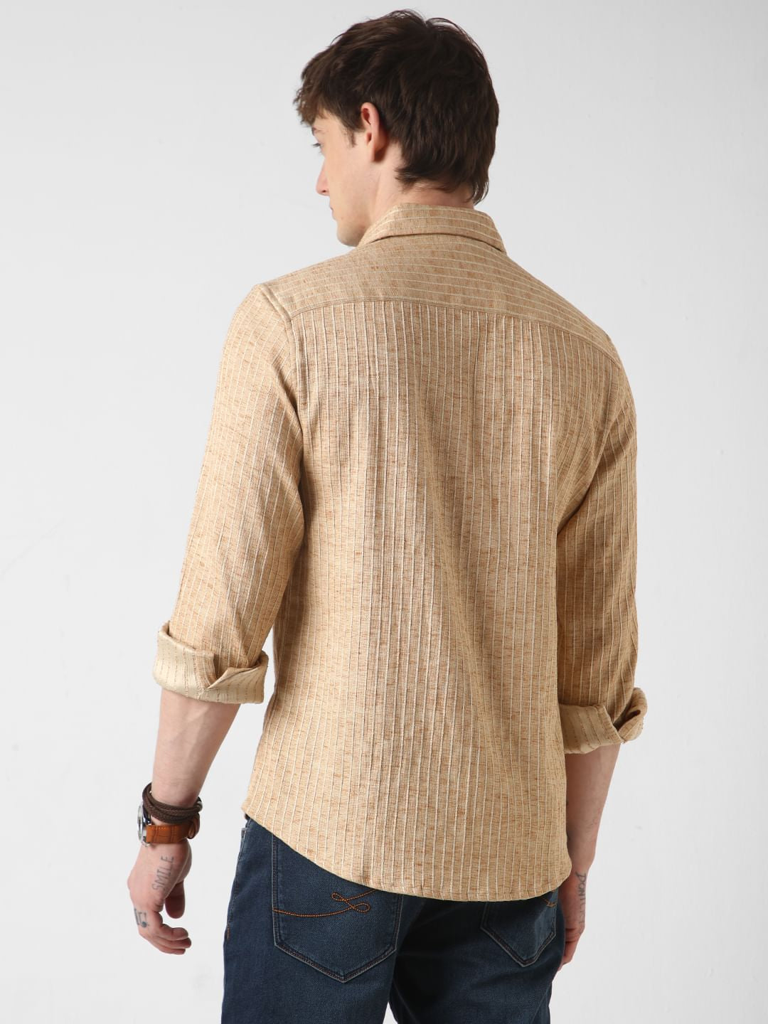 Sand Brown Vertical Striped Textured Shirt