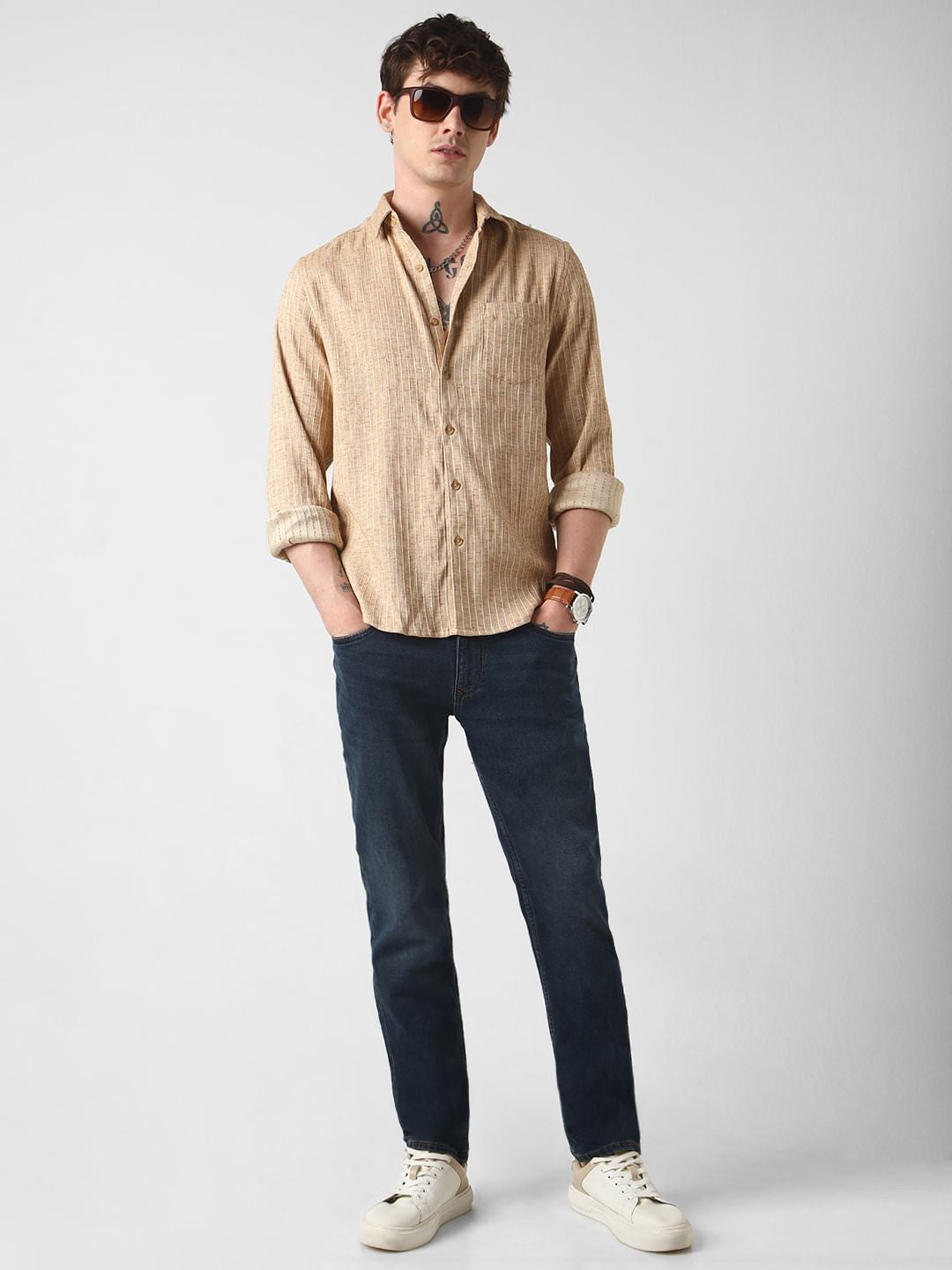 Sand Brown Vertical Striped Textured Shirt