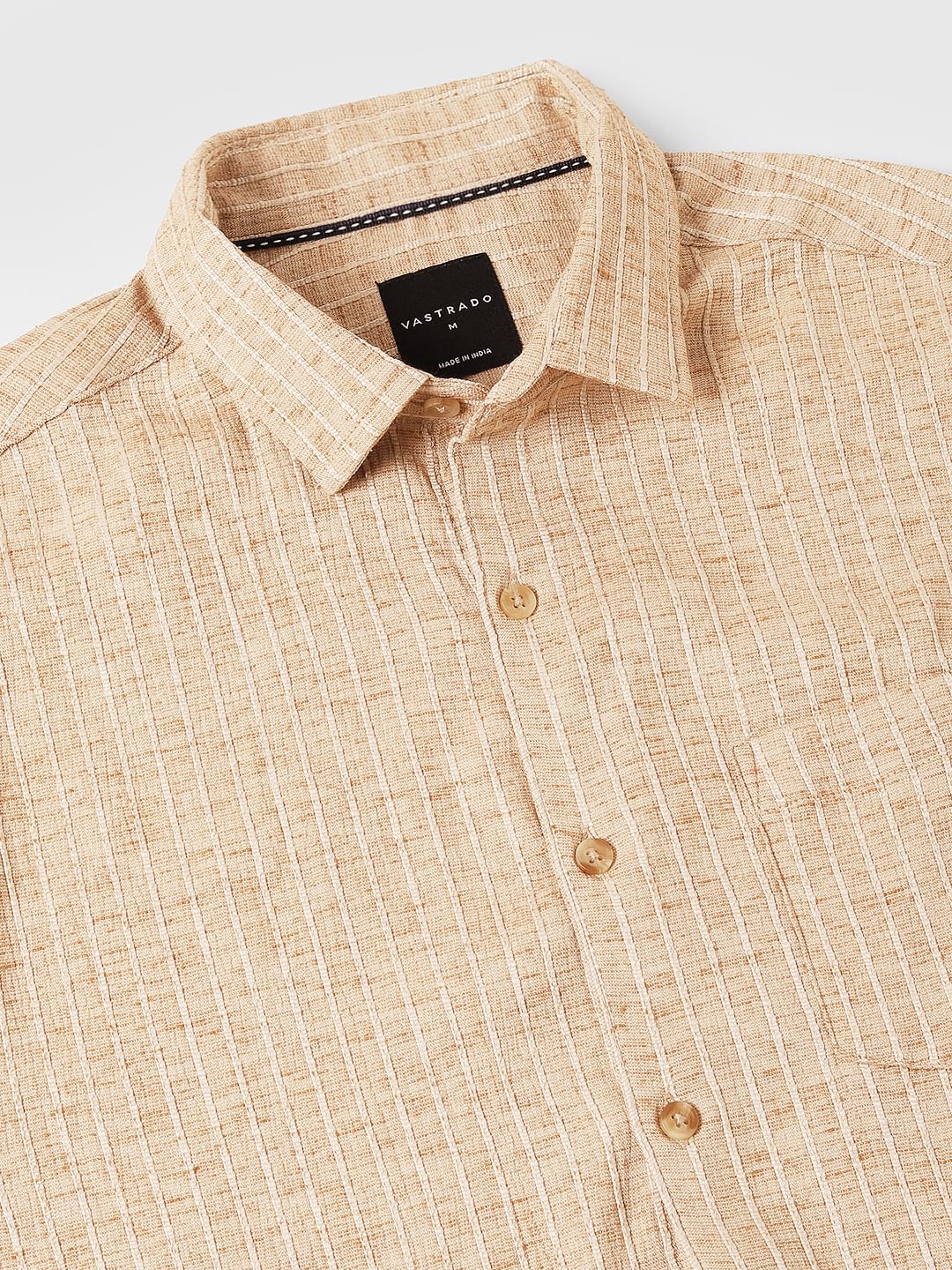 Sand Brown Vertical Striped Textured Shirt
