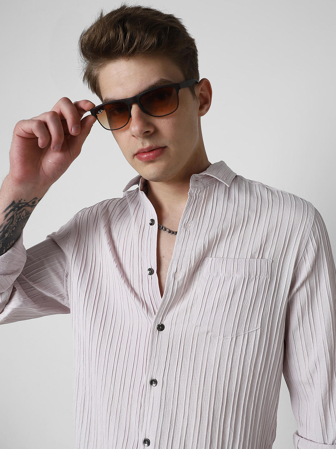 Pastel Candy Pink Line Textured Shirt