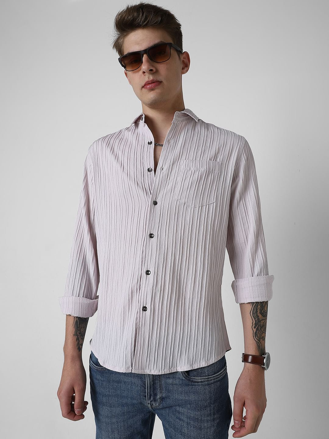 Pastel Candy Pink Line Textured Shirt