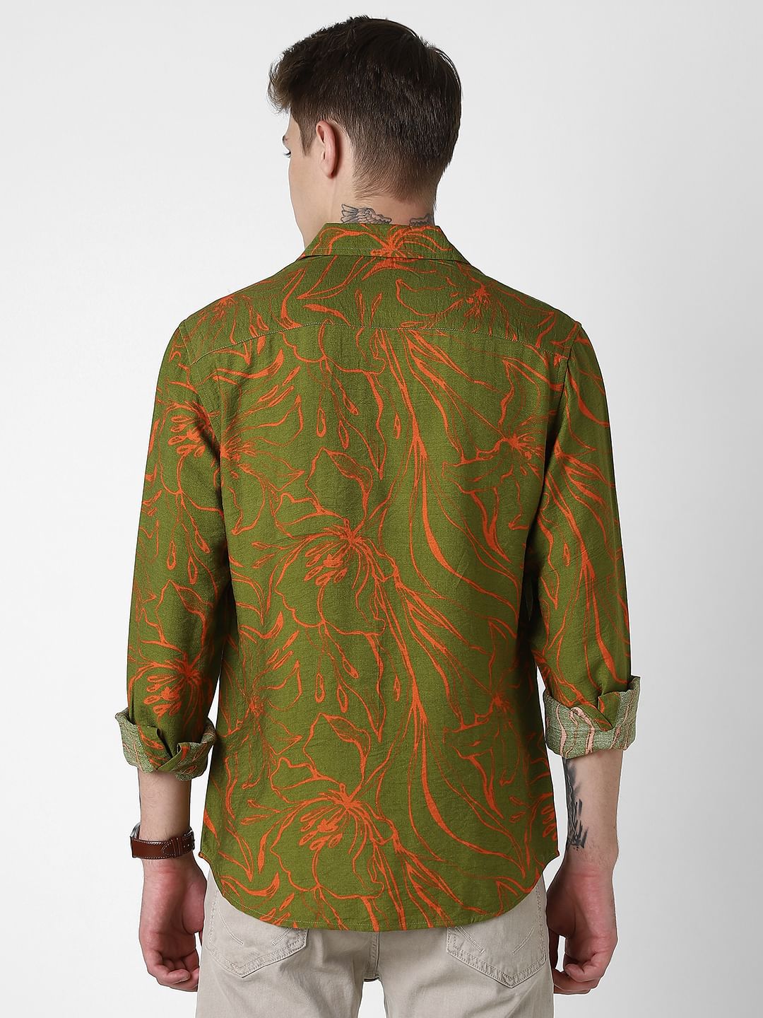 Voguish Moss Green Printed Italian Linen Shirt