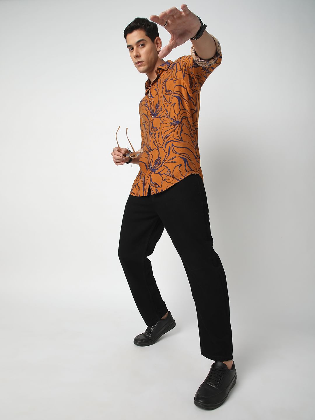 Voguish Bronze Artistic Flora Printed Italian Linen Shirt