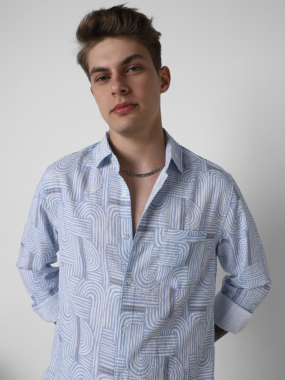 Columbia Blue Creased Monochrome Printed Shirt