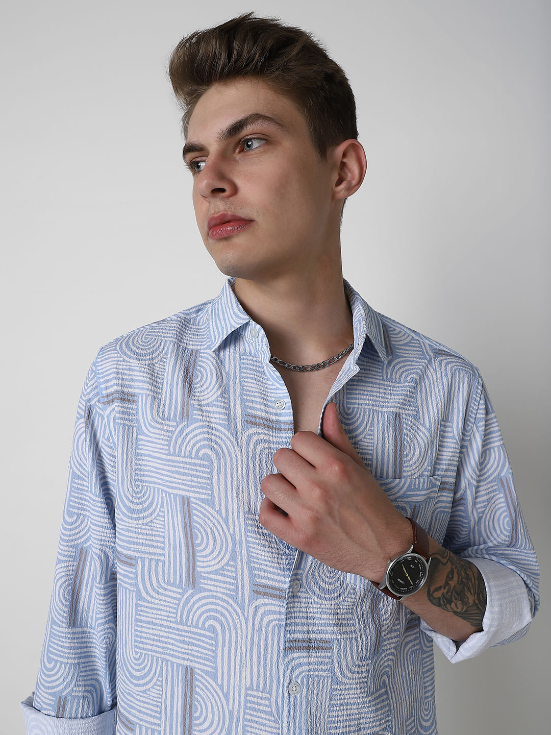 Columbia Blue Creased Monochrome Printed Shirt