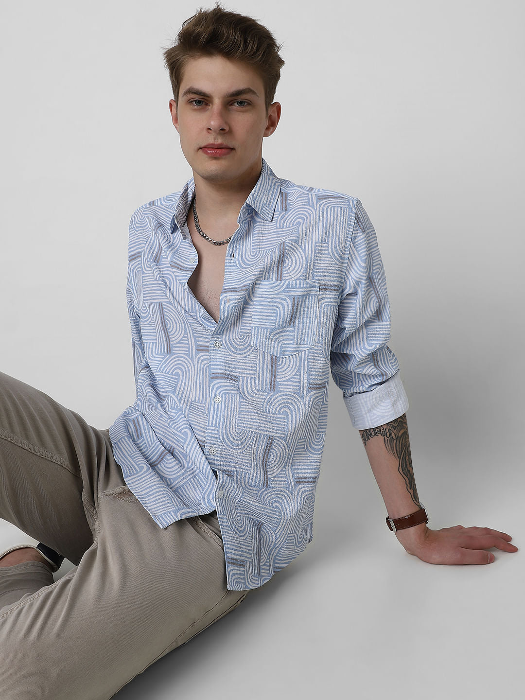 Columbia Blue Creased Monochrome Printed Shirt