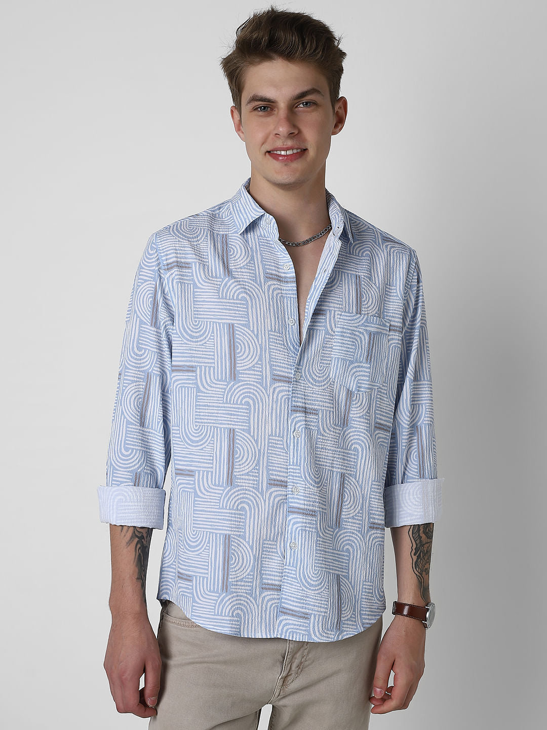 Columbia Blue Creased Monochrome Printed Shirt